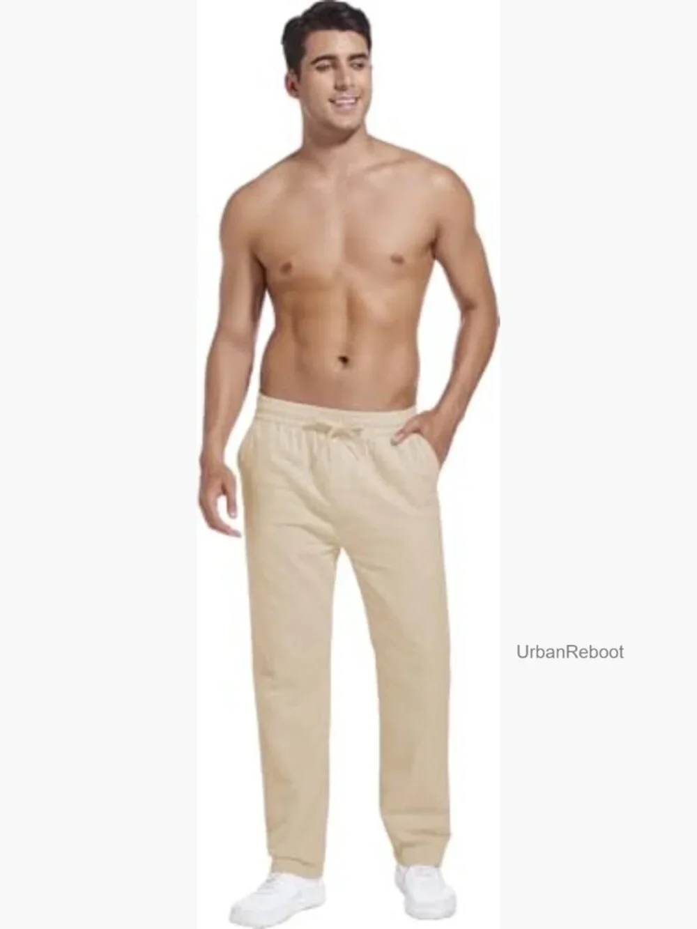 Linen Cotton Casual Trousers - Lightweight Beach Pants with Drawstring